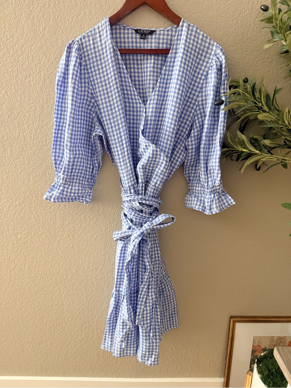 Lauren Ralph Lauren 100% Linen Blue Gingham Wrap Dress Size 16